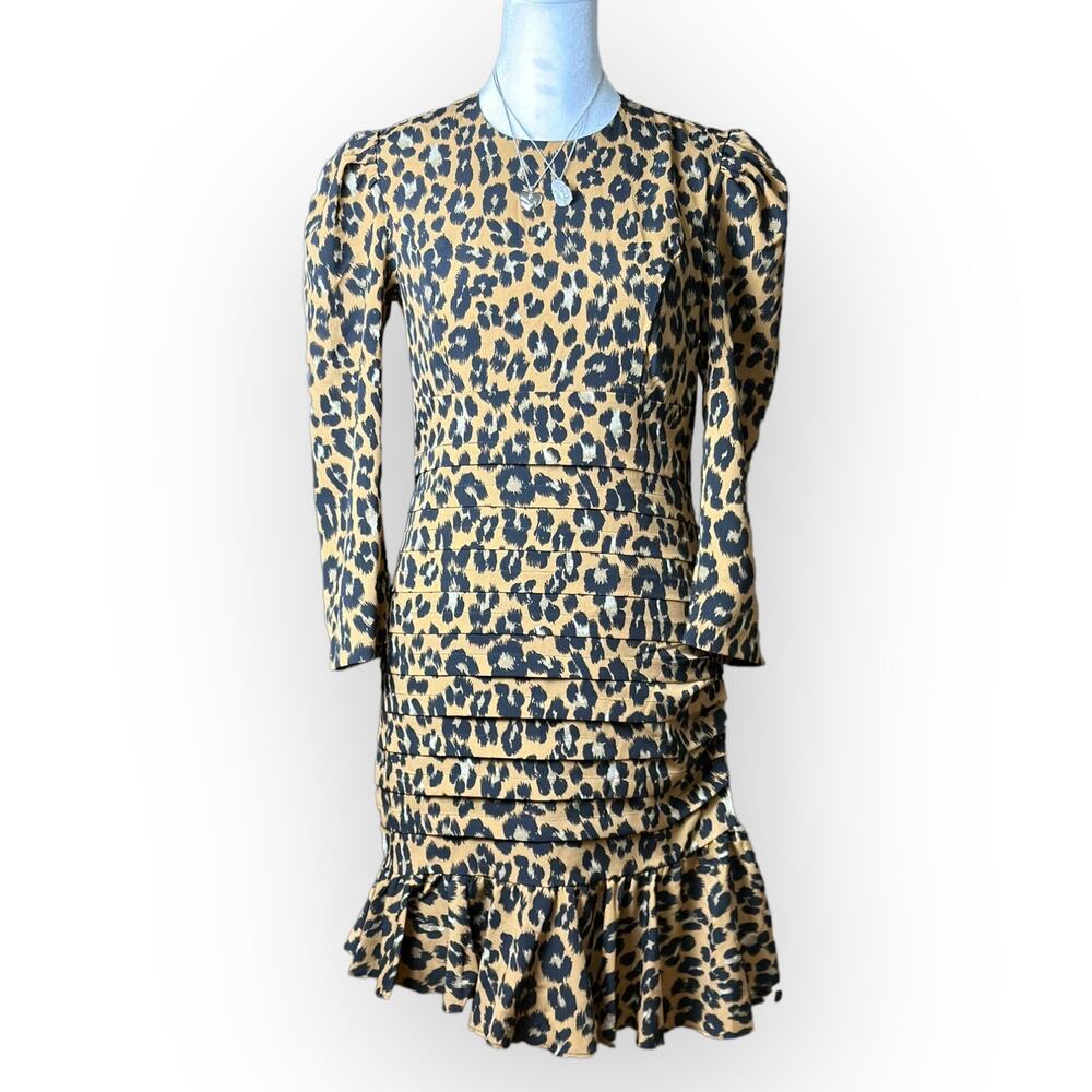 Bardot Ada Leopard Mini‎ Dress Fitted Pleated Ruffled Size S